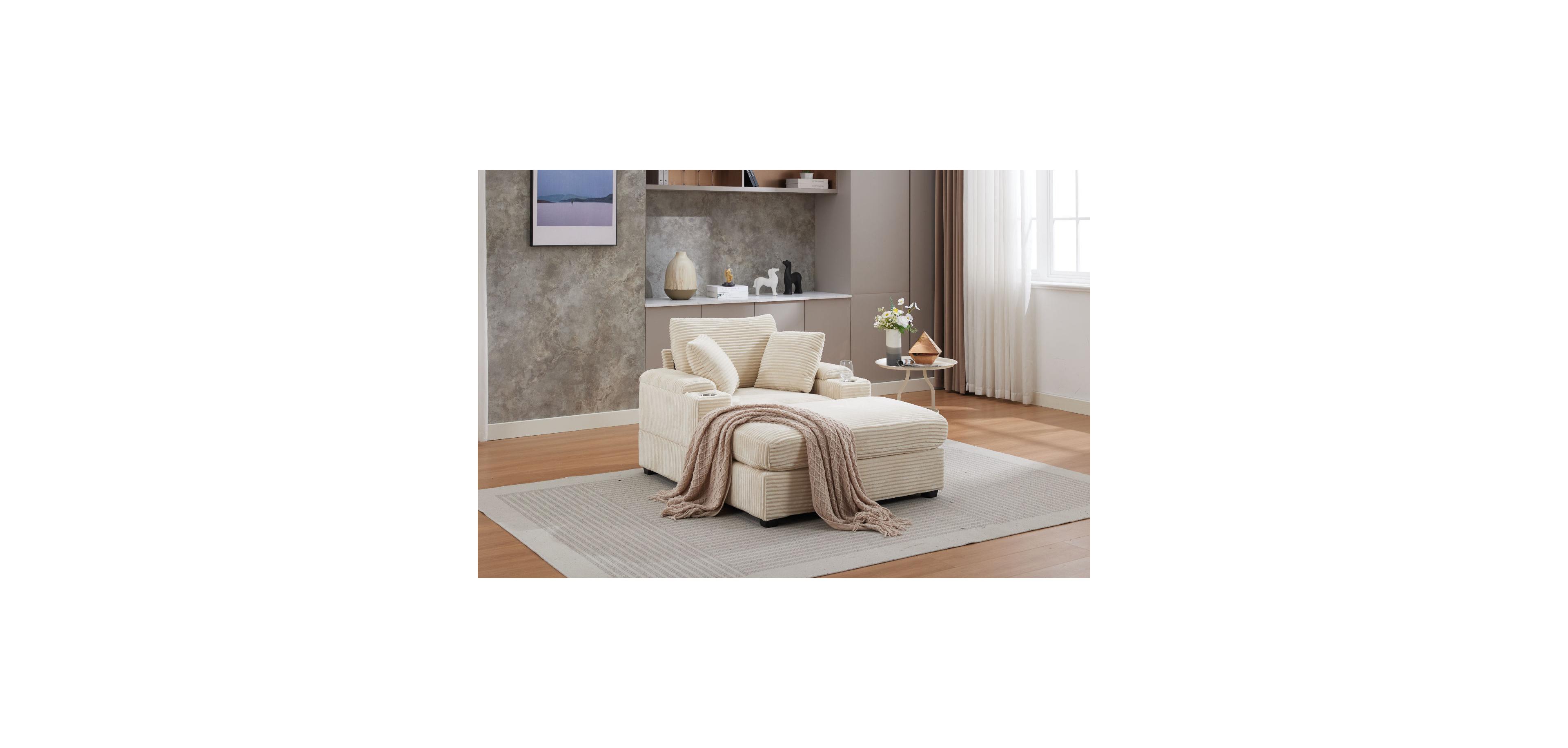 Streamdale Furniture Corduroy Chaise Lounge Sofa w/ Ottoman, Storage & Cupholders