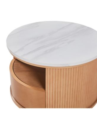  Round Marble Top Nesting Coffee Table, 2-Tier Storage, Drawer, Natural, 28.5"