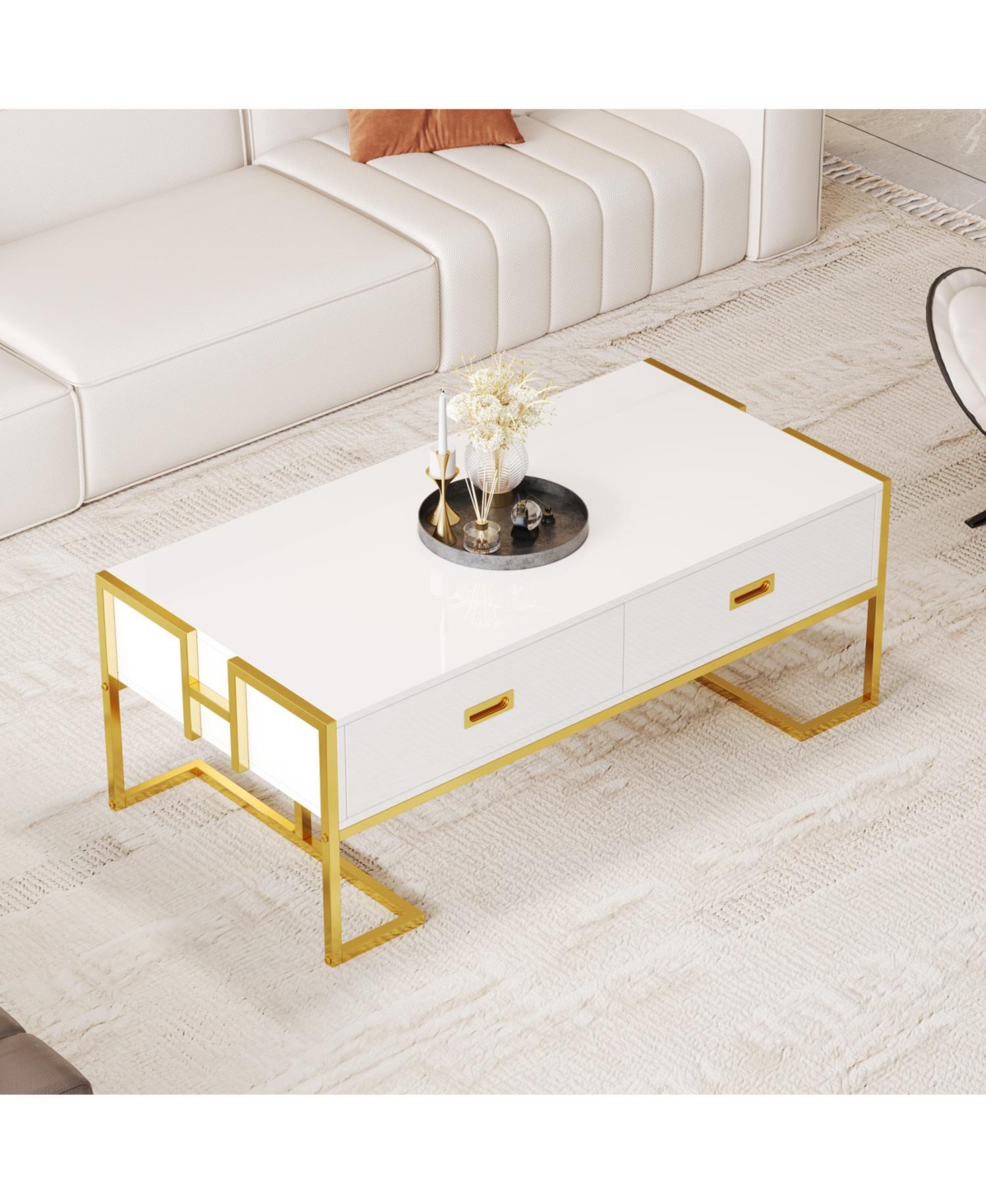 Streamdale Furniture Modern Rectangular Coffee Table with 4 Drawers and Gold Base 47.3"