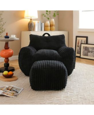 Giant Plush Bean Bag Chair w/ Footstool - Comfy Black Lounge Sofa