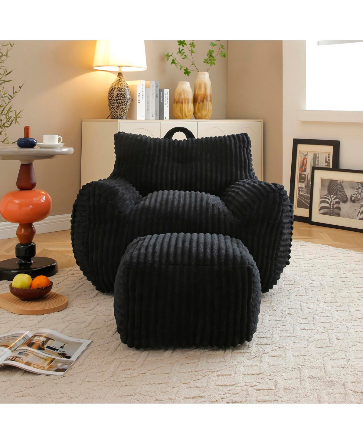 Streamdale Furniture Giant Plush Bean Bag Chair w/ Footstool - Comfy Black Lounge Sofa