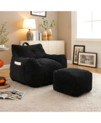 Giant Plush Bean Bag Chair w/ Footstool - Comfy Black Lounge Sofa