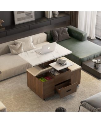 Lift-Top Coffee Table with 4 Stools, Hidden Storage & Drawers