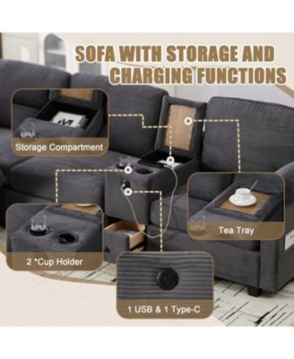 L-Shape Corduroy Sofa- 4-Seater, USB, Storage, Console & Ottoman