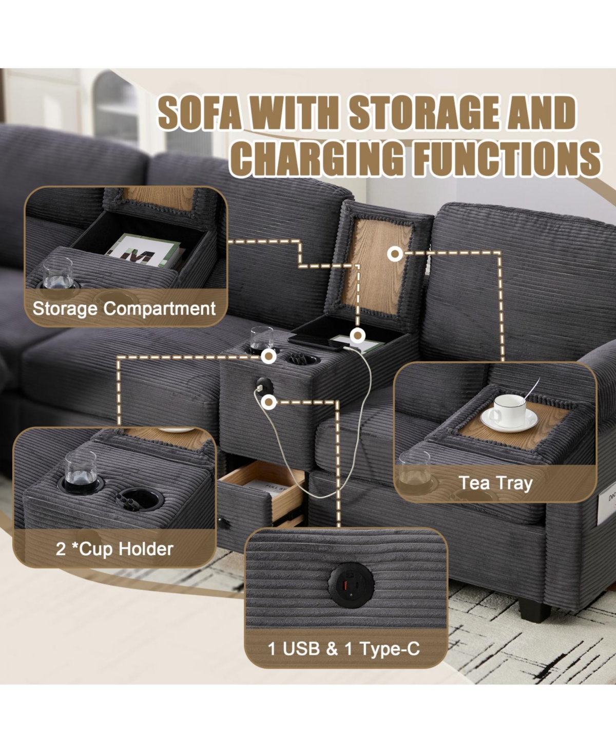 Streamdale Furniture L-Shape Corduroy Sofa- 4-Seater, Usb, Storage