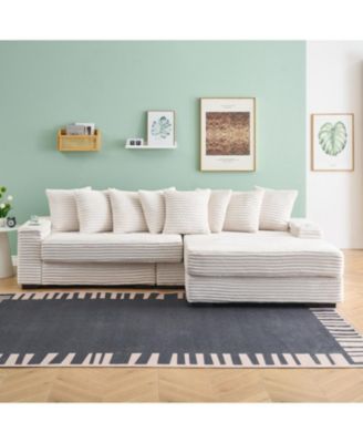 Beige Corduroy Sofa w/ Cupholders, Lockers, Reversible Chaise