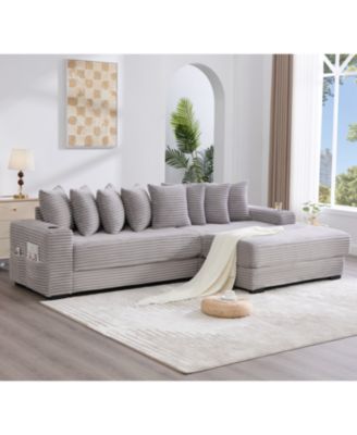 Corduroy L-Shaped Sectional Sofa w/ Ottoman, Pillows & Cup Holders - Light Gray