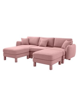Pink Boucle U-Shape Sectional Sofa with Shell Armrests & Ottomans