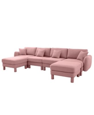 Streamdale Boucle U-Shape Sectional Sofa with Ottomans, Shell Arms, Pink