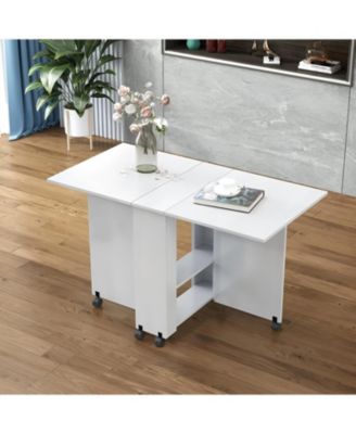 Folding Drop Leaf Dining Table with Wheels & Storage - White