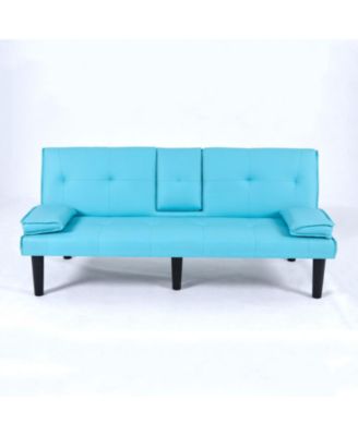 67" Blue PVC Sofa Bed - Foldable with Cup Holder