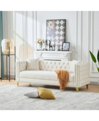 80" Chesterfield Velvet Sofa, 3-Seater, Button Nailhead, Beige