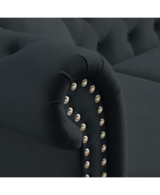 Black Velvet Chesterfield Sofa, 2 Seater, Tufted, Rolled Arms, Nailhead, 2 Pillows