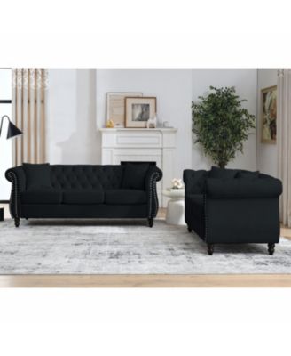  80" Black Velvet Chesterfield Sofa, Tufted 3 Seater Couch