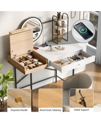 White Vanity Desk with Mirror, Charger, and Storage