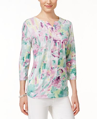 Alfred Dunner Printed Three-Quarter-Sleeve Top - Tops - Women - Macy's