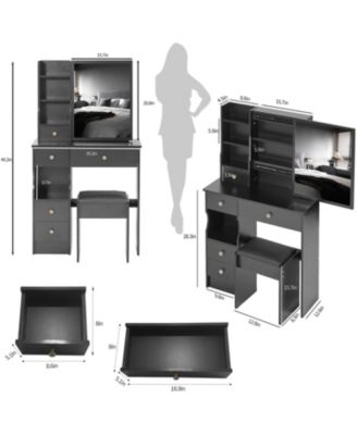 Slim Vanity with XL Sliding Mirror, Multi-Layer Storage, Cushioned Stool