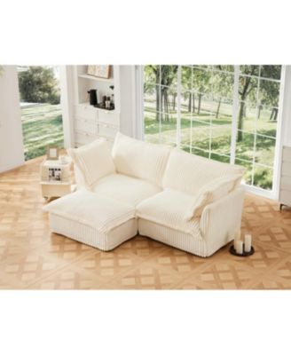 Slipcovered Sectional 2-Seater with Convertible Ottoman and Soft Pillows, Corduroy Fabric, Cream