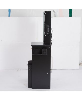 Multifunctional Bedside Vanity Table with - LED Mirror- Power Station- Hair Dryer Bracket- Cushioned Stool- Tri-Color Lighting