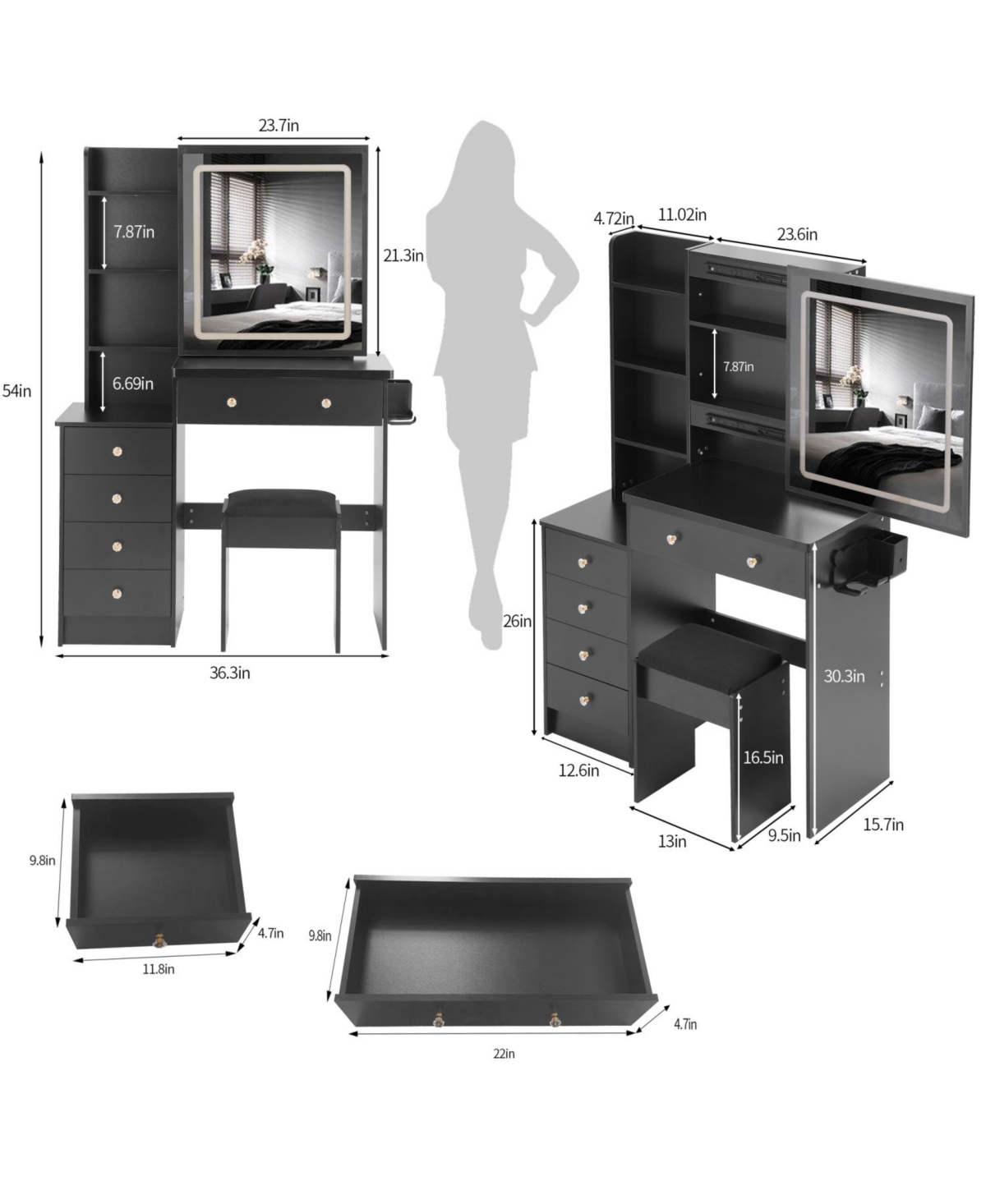 Streamdale Furniture Vanity Table Set with Sliding Mirror, 2 Ac+2 Usb, Hair Dryer Stand