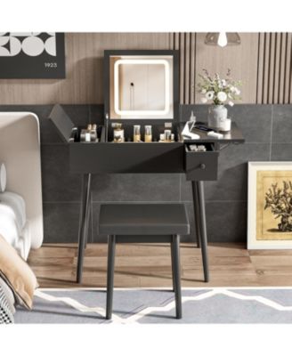 28" Black Vanity Desk with Flip-Top Mirror, LED Light, Charging Station, Drawers, and Stool