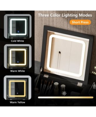 28" Black Vanity Desk with Flip-Top Mirror, LED Light, Charging Station, Drawers, and Stool