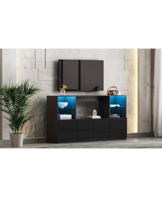 High Gloss TV Stand with LED Lights, Large Storage & Tempered Glass Shelves (Black, 67"Wx13.7"D)