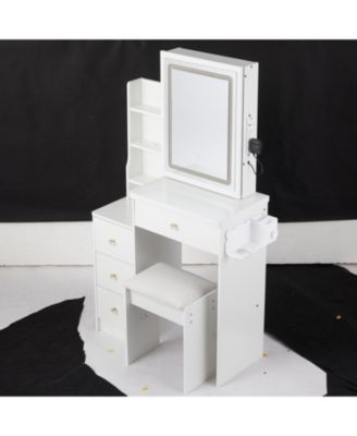 Streamdale Multifunctional Bedside Vanity Table with - LED Mirror - Power Station - Hair Dryer Bracket - Cushioned Stool
