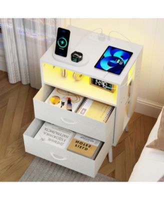 Charging Nightstand with LED & Fabric Drawers