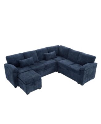 97" L-Shaped Chenille Sectional Sofa with Ottoman - Dark Blue