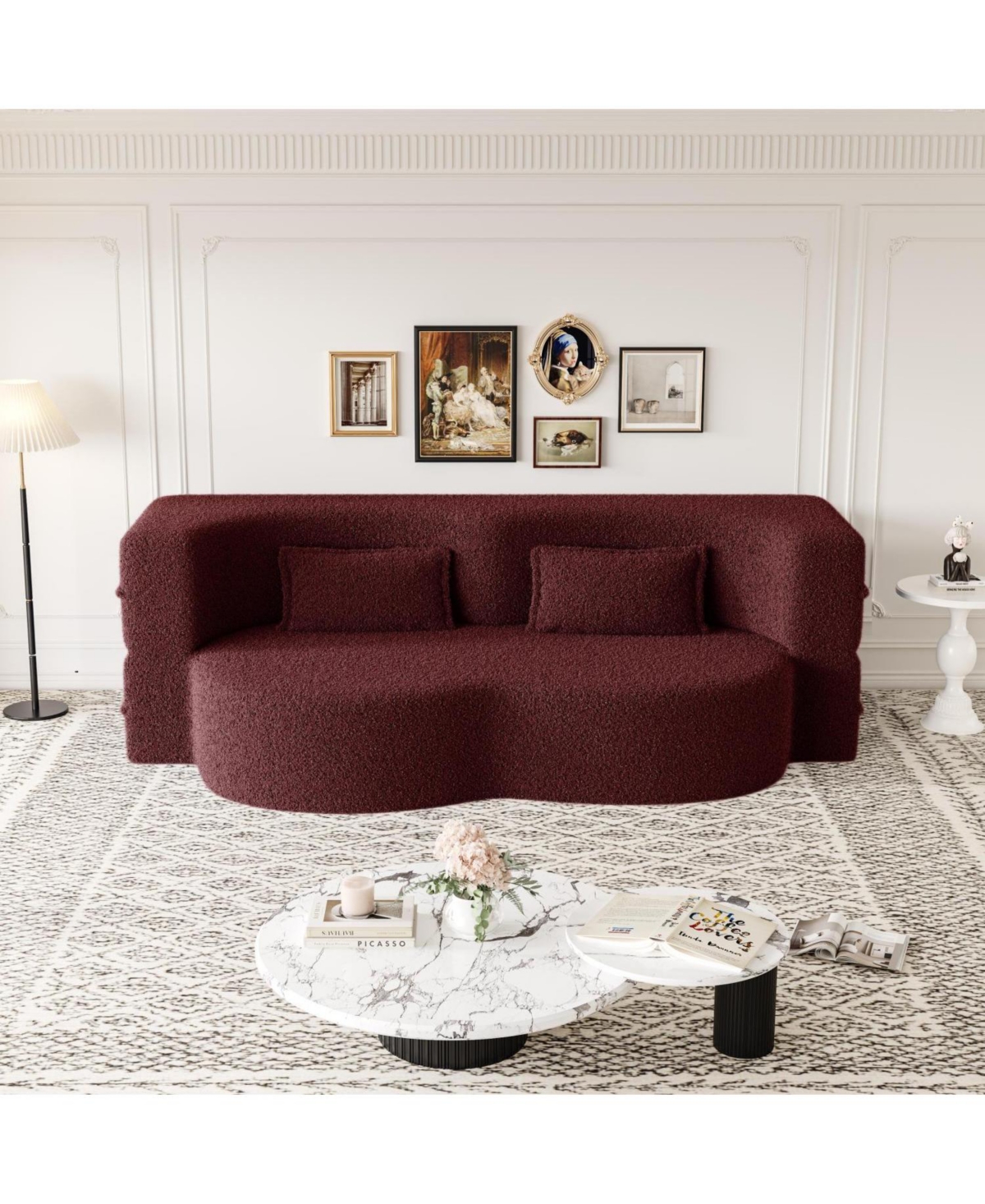 Streamdale Furniture Teddy Fabric Convertible Sleeper Sofa Bed with 2 Pillows - Burgundy