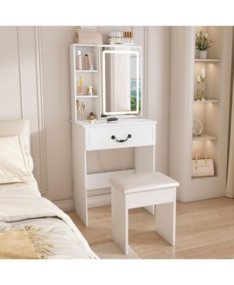 Modern LED Vanity Desk with Stool & Storage - White