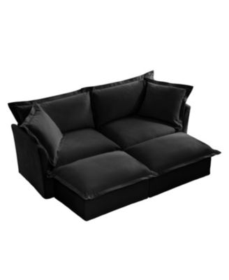 Black Chenille 2-Seater Sofa with Ottomans