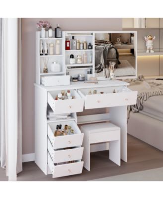 37" Vanity Table with Mirror Stool & Storage