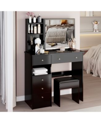 37" Vanity Table with Mirror Stool & Storage