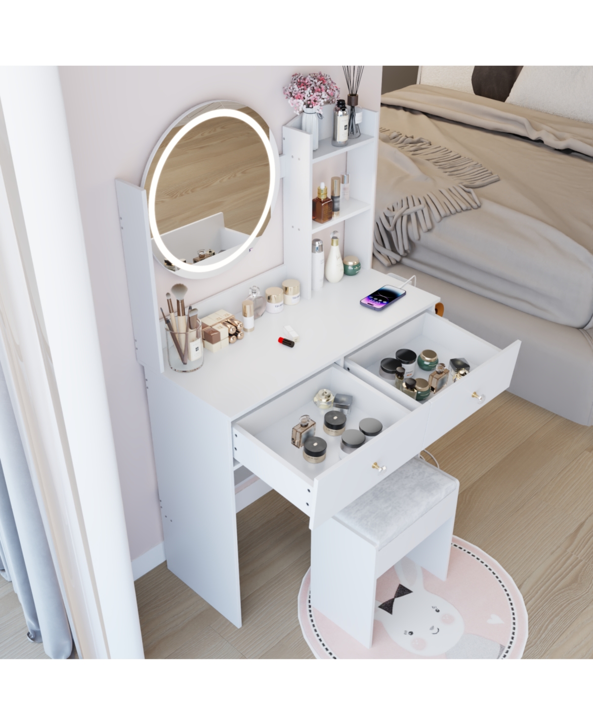 Streamdale Furniture 17" Led Vanity Table Set Touch 3 Colors Storage & Power