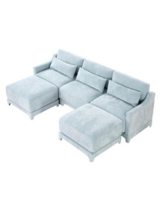 Chenille 3-Seater Sofa with Ottomans & Pillow - Sky Blue