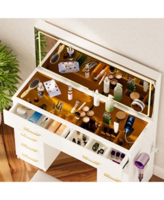 46" Glass Top Vanity Desk with Mirror, Stool, Power Outlet