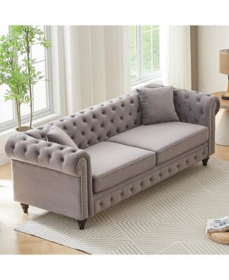Velvet Chesterfield Sofa 85.5" Rolled Arms 3 Seater Button Design + 2 Cushions