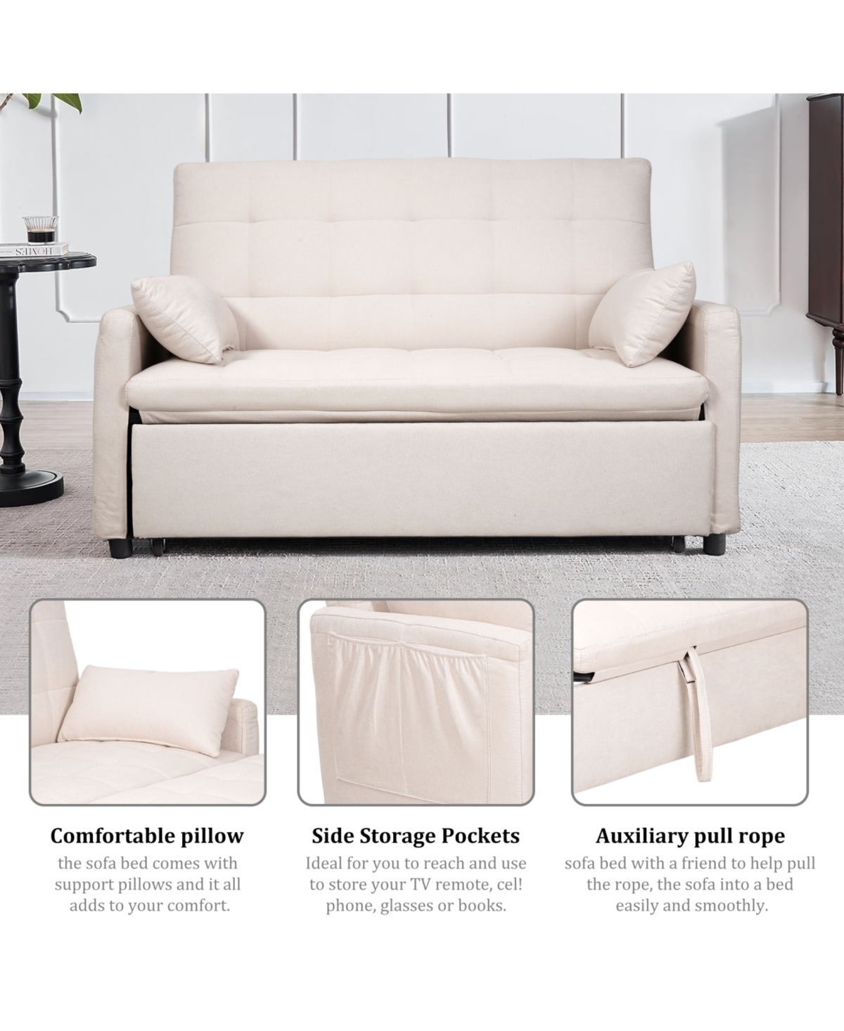 Streamdale Furniture 61" Fabric Sofa Bed with Storage Pockets & Adjustable Back