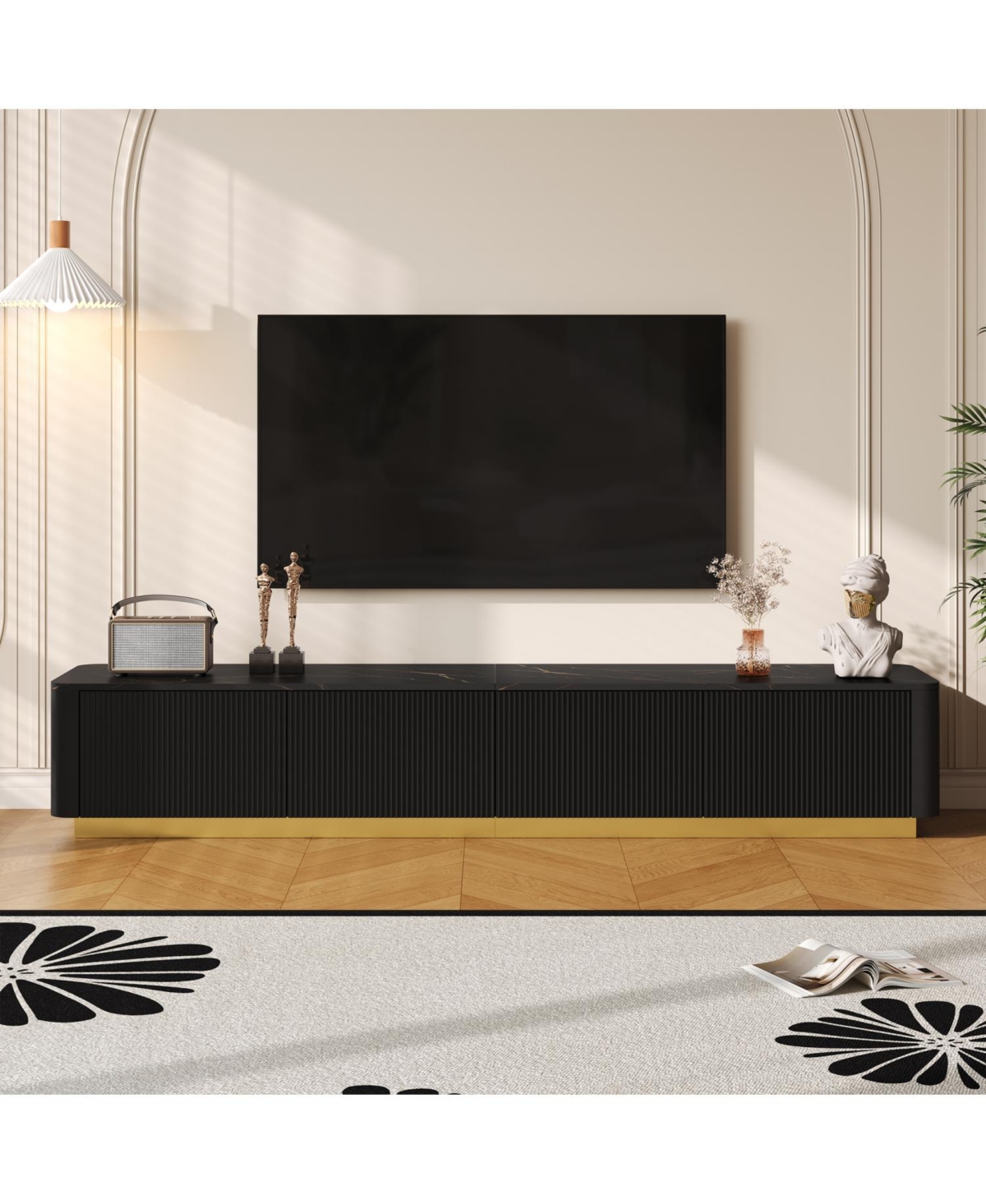 Streamdale Furniture Streamdale Luxury Fluted Tv Stand - 85", Faux Marble, 4 Drawers, Gold Base - Black