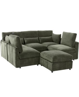 Modern Sectional Sofa U-shaped Couch with Ottoman, USB & Phone Holder - Green