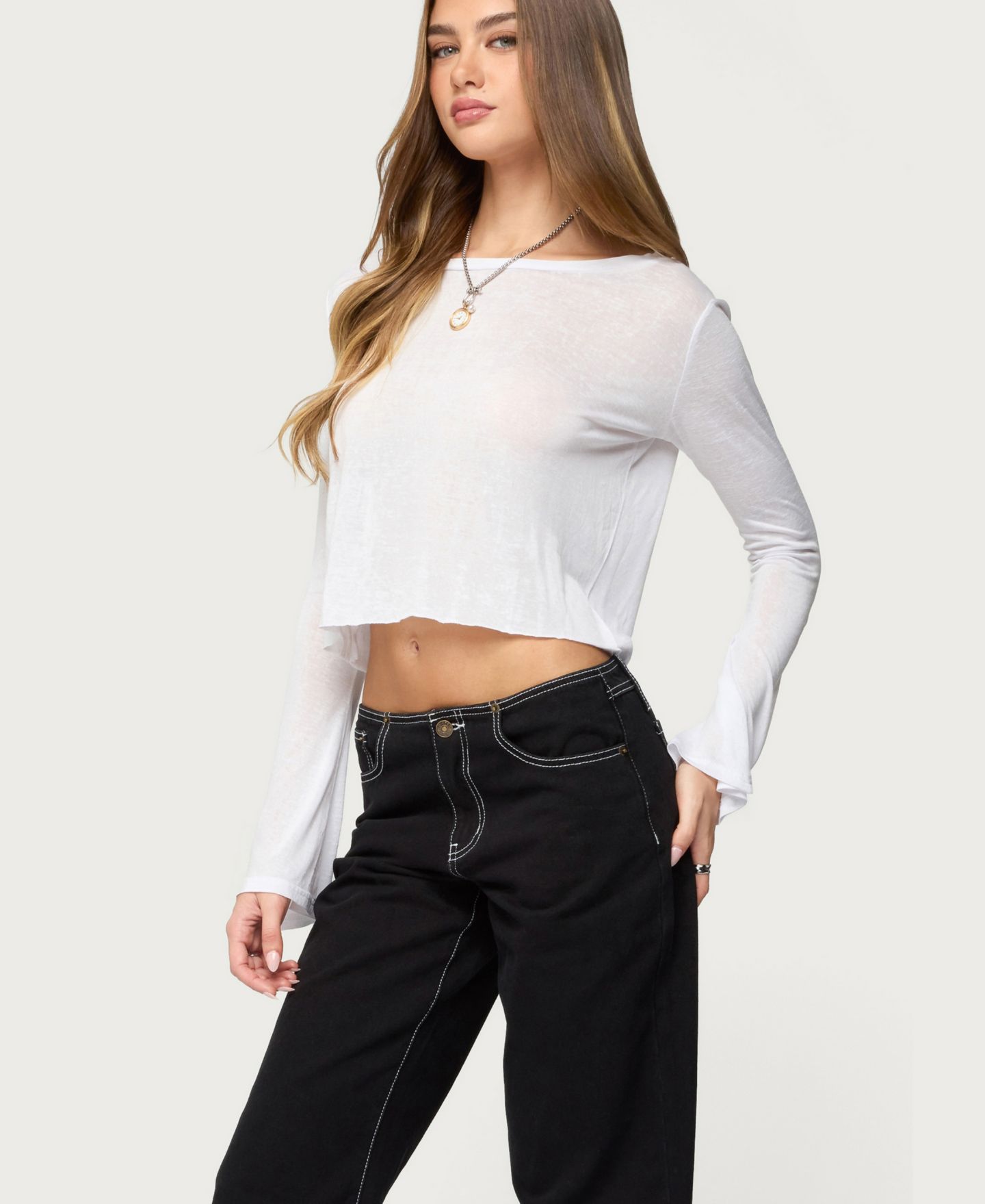 Женский топ Edikted Catalena Long Sleeve Sheer, цвет: Белый — фото 3