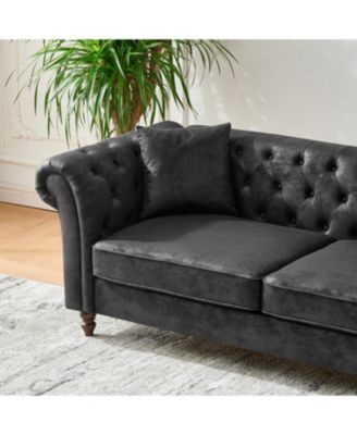  66" Chesterfield Tech Fabric Sofa, Mid Century Modern Couch, Black