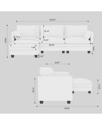 107.8" 3 Seater L-Shaped Sofa Couch with Ottoman & Pockets