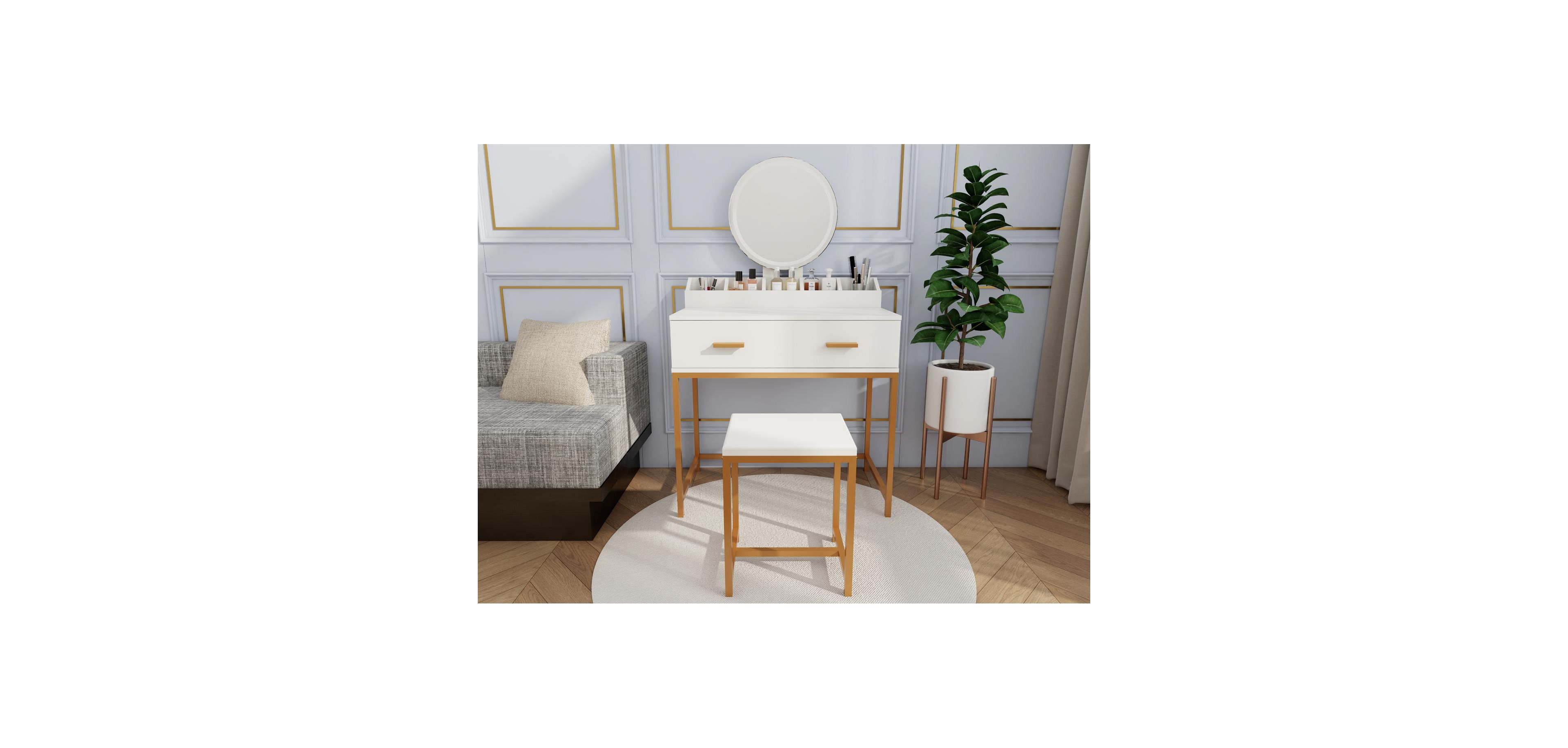 Streamdale Furniture Streamdale White & Gold Vanity Set with Mirror, Stool, Drawers & Organizer