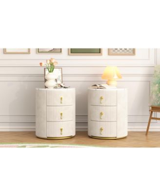 Upholstered Nightstand 2 Set, 3 Drawers, Round, Beige