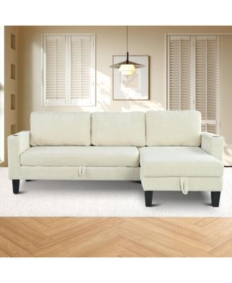 Reversible Corduroy Sectional Sofa with Storage Chaise & USB