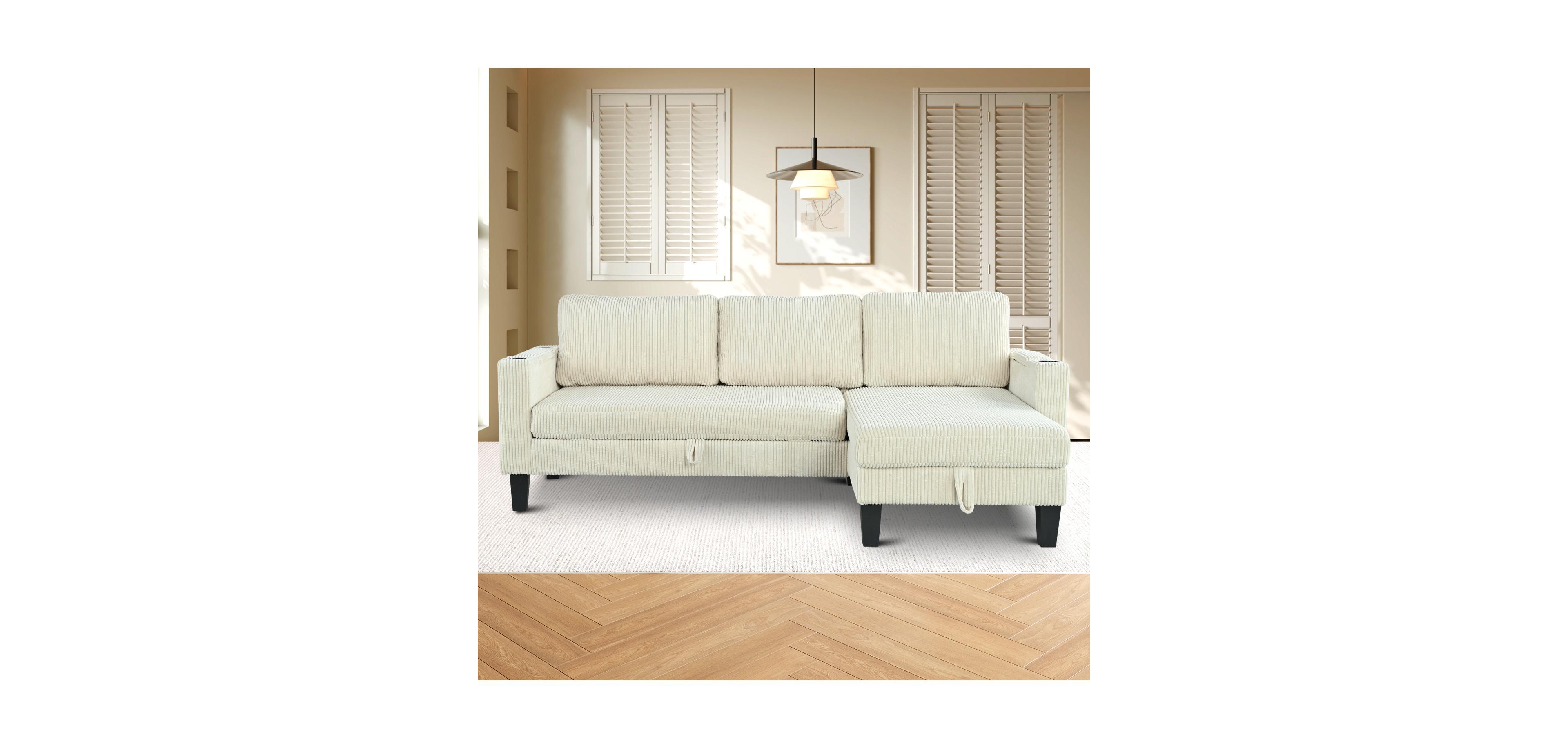Streamdale Furniture Reversible Corduroy Sectional Sofa with Storage Chaise & Usb
