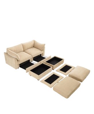 Chenille 2-Seater Sofa with Storage & Footstools - Wheat